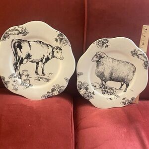 Barnyard Toile Trostli for Sadek 11 3/4” PLATES Sheep & Cow BEAUTIFUL